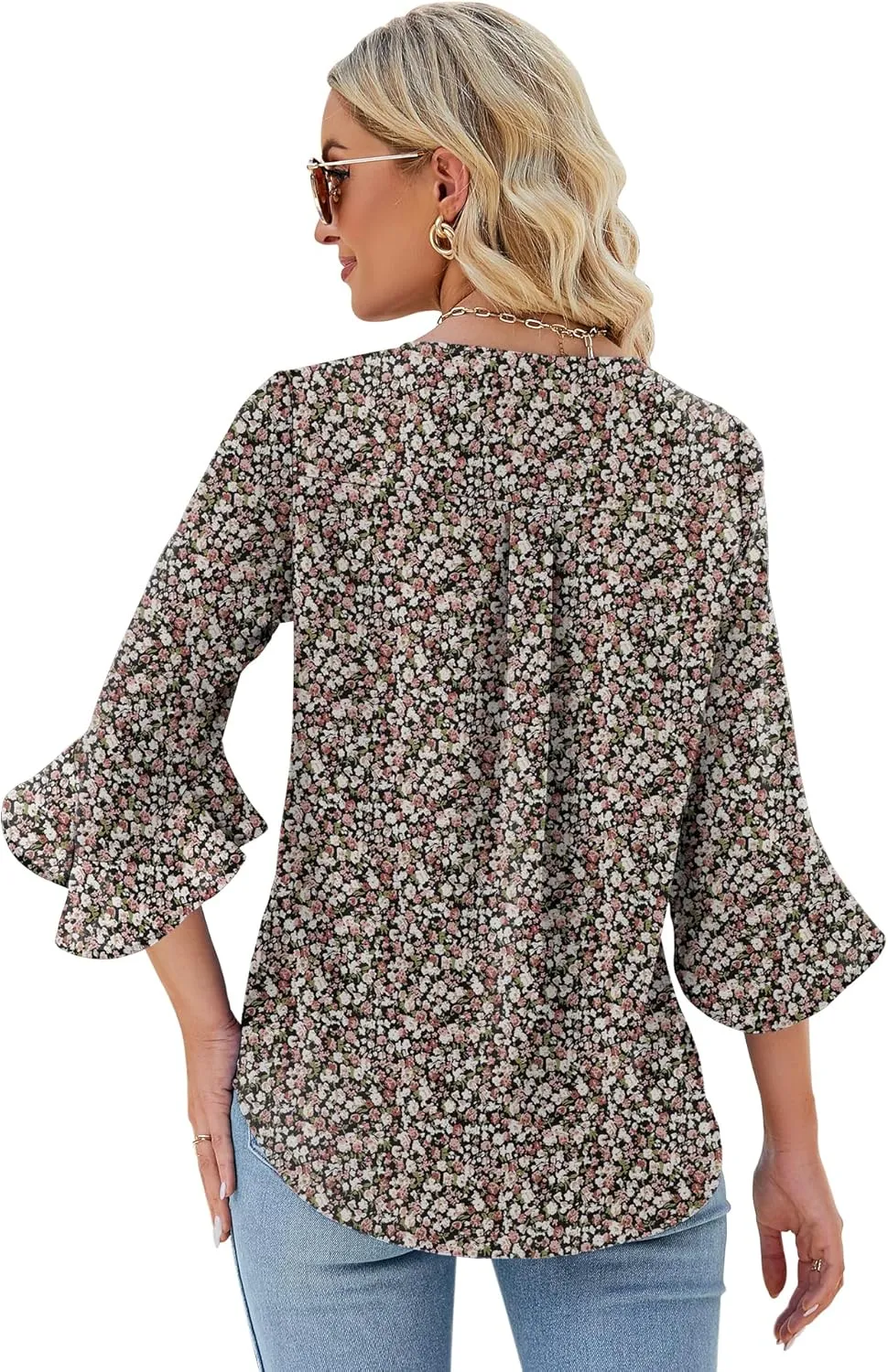 Qirno Chiffon Blouses for Women Ruffle 3/4 Sleeve Dressy V Neck Casual Flowy Tunic Tops