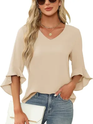Qirno Chiffon Blouses for Women Ruffle 3/4 Sleeve Dressy V Neck Casual Flowy Tunic Tops