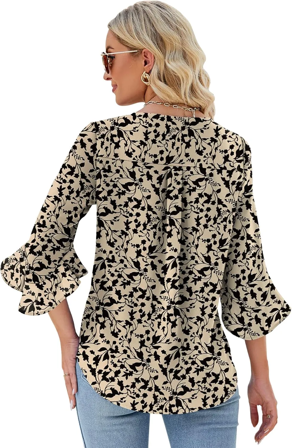 Qirno Chiffon Blouses for Women Ruffle 3/4 Sleeve Dressy V Neck Casual Flowy Tunic Tops