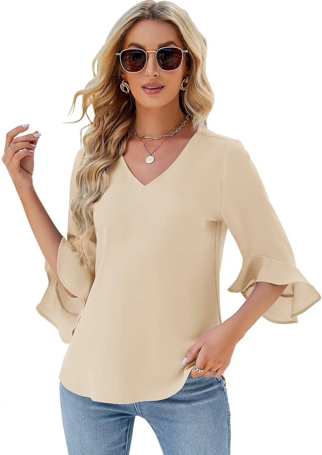 Qirno Chiffon Blouses for Women Ruffle 3/4 Sleeve Dressy V Neck Casual Flowy Tunic Tops