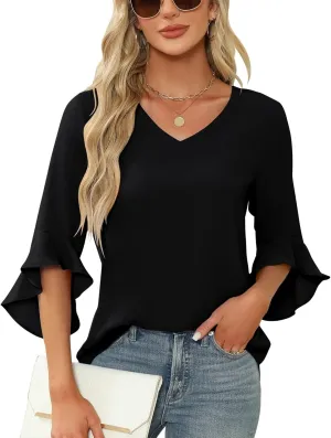 Qirno Chiffon Blouses for Women Ruffle 3/4 Sleeve Dressy V Neck Casual Flowy Tunic Tops