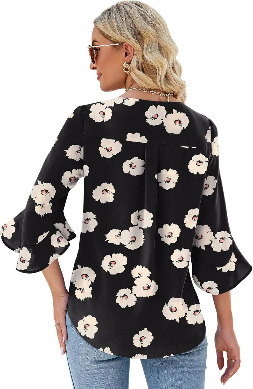 Qirno Chiffon Blouses for Women Ruffle 3/4 Sleeve Dressy V Neck Casual Flowy Tunic Tops