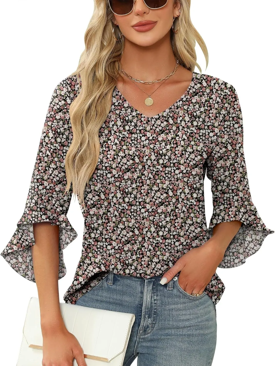 Qirno Chiffon Blouses for Women Ruffle 3/4 Sleeve Dressy V Neck Casual Flowy Tunic Tops