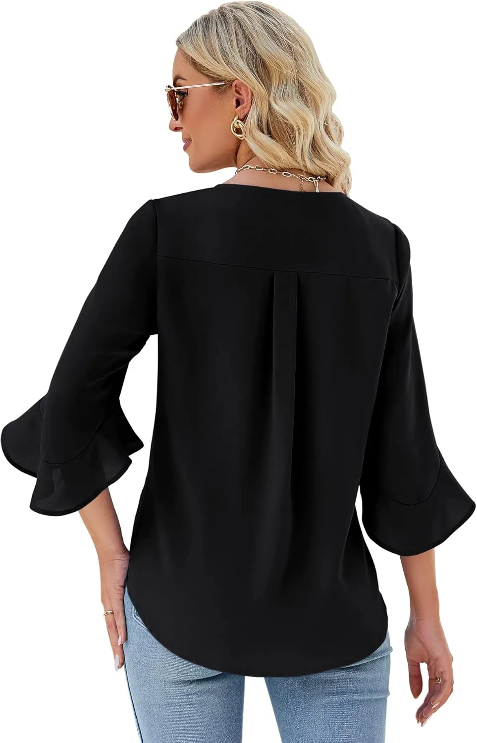 Qirno Chiffon Blouses for Women Ruffle 3/4 Sleeve Dressy V Neck Casual Flowy Tunic Tops