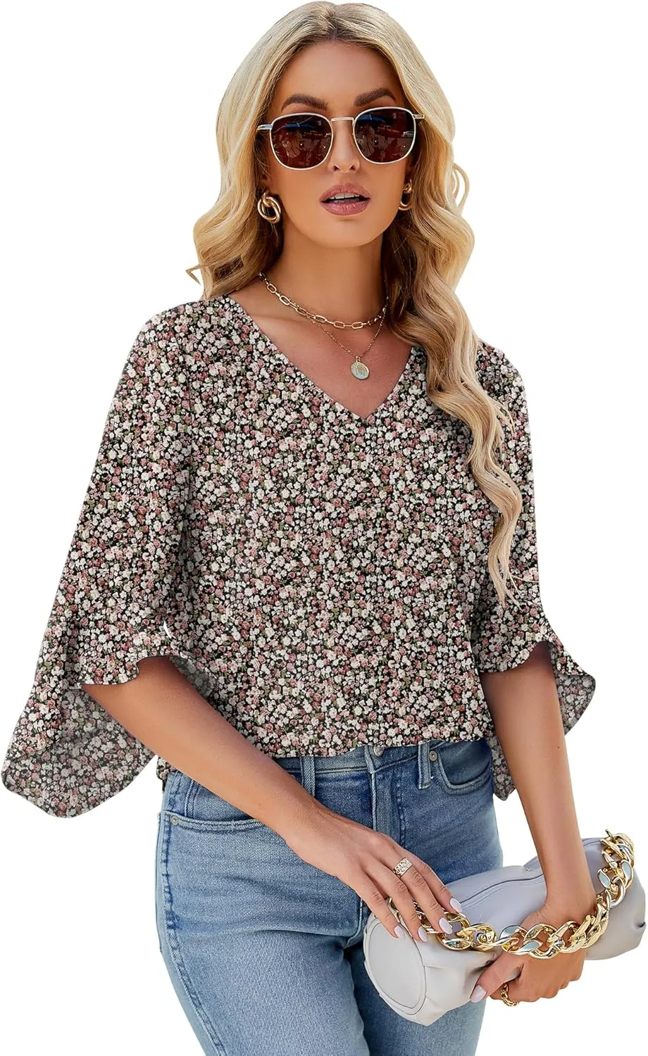 Qirno Chiffon Blouses for Women Ruffle 3/4 Sleeve Dressy V Neck Casual Flowy Tunic Tops