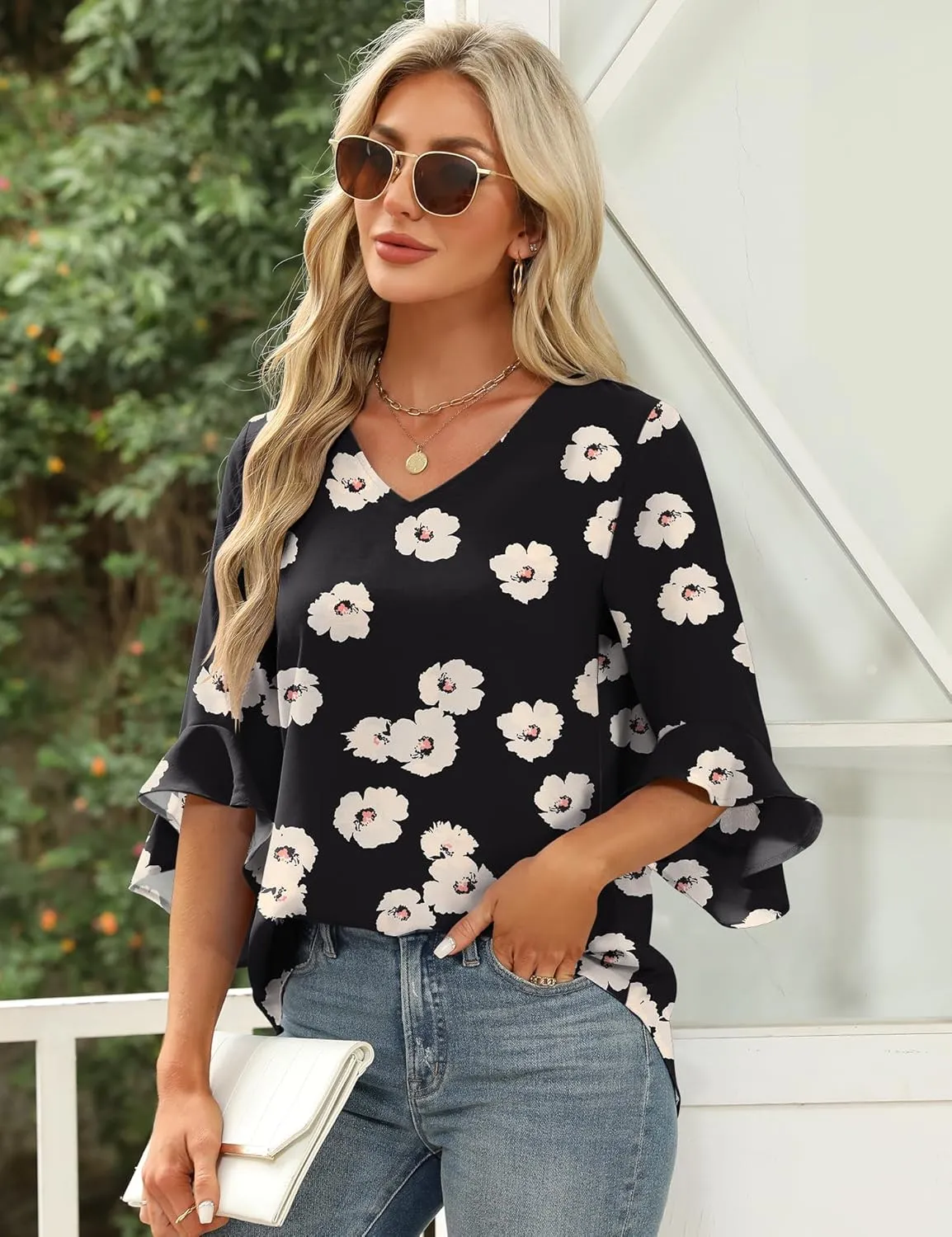Qirno Chiffon Blouses for Women Ruffle 3/4 Sleeve Dressy V Neck Casual Flowy Tunic Tops