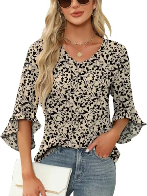 Qirno Chiffon Blouses for Women Ruffle 3/4 Sleeve Dressy V Neck Casual Flowy Tunic Tops