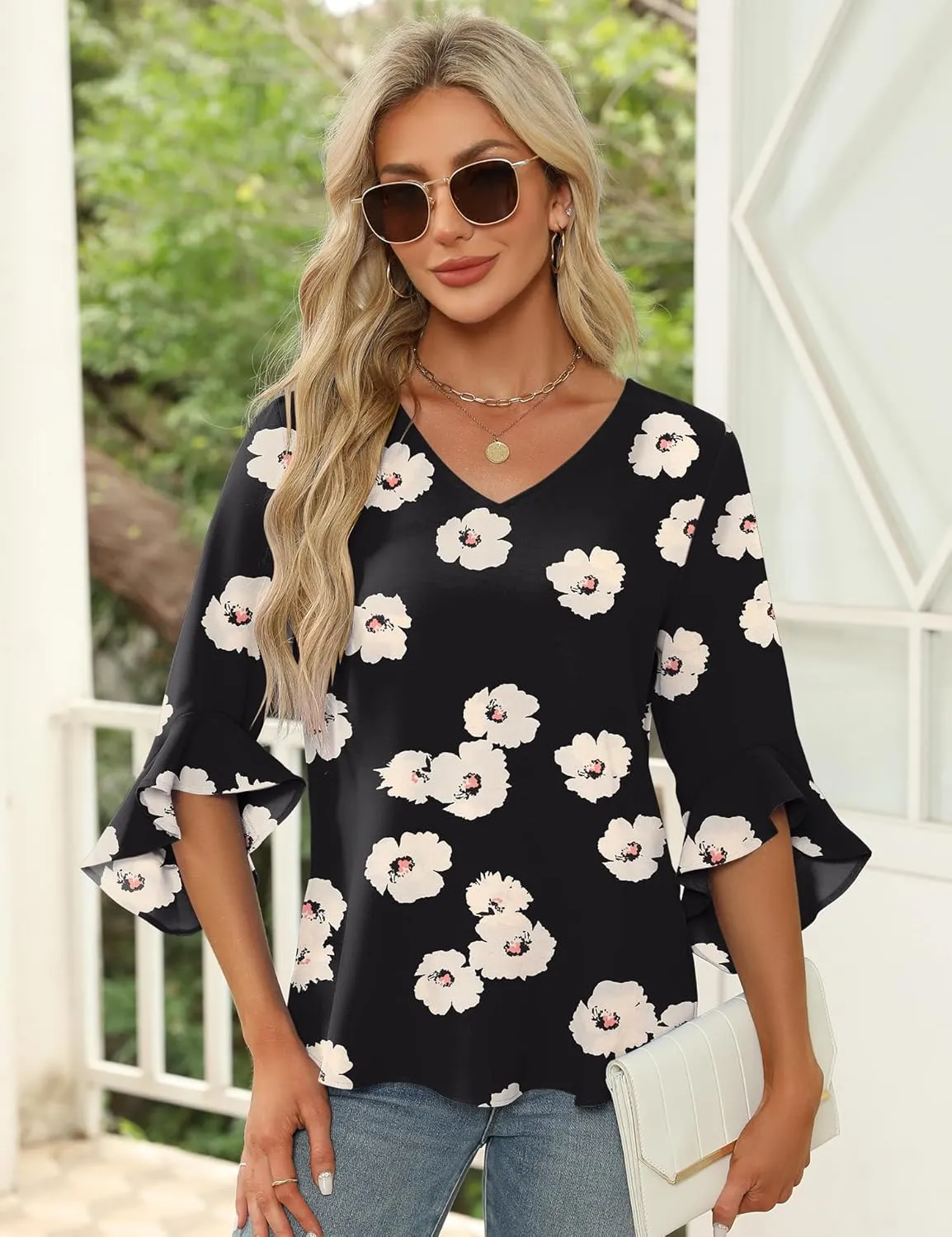 Qirno Chiffon Blouses for Women Ruffle 3/4 Sleeve Dressy V Neck Casual Flowy Tunic Tops