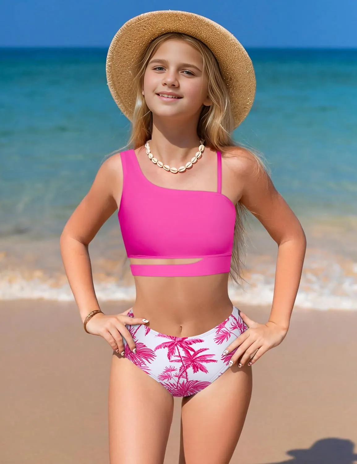 Queenstyle Girls Swimsuits Bikini Set Kids Cutout Bathing Suit Bikini Top Two Piece Girls' Swimwear