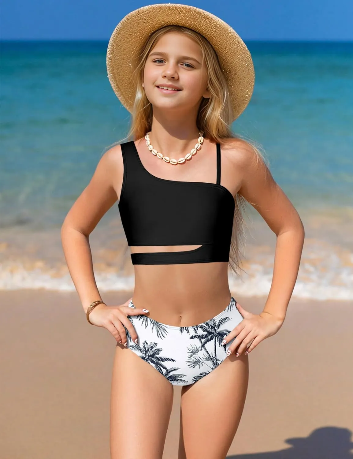 Queenstyle Girls Swimsuits Bikini Set Kids Cutout Bathing Suit Bikini Top Two Piece Girls' Swimwear
