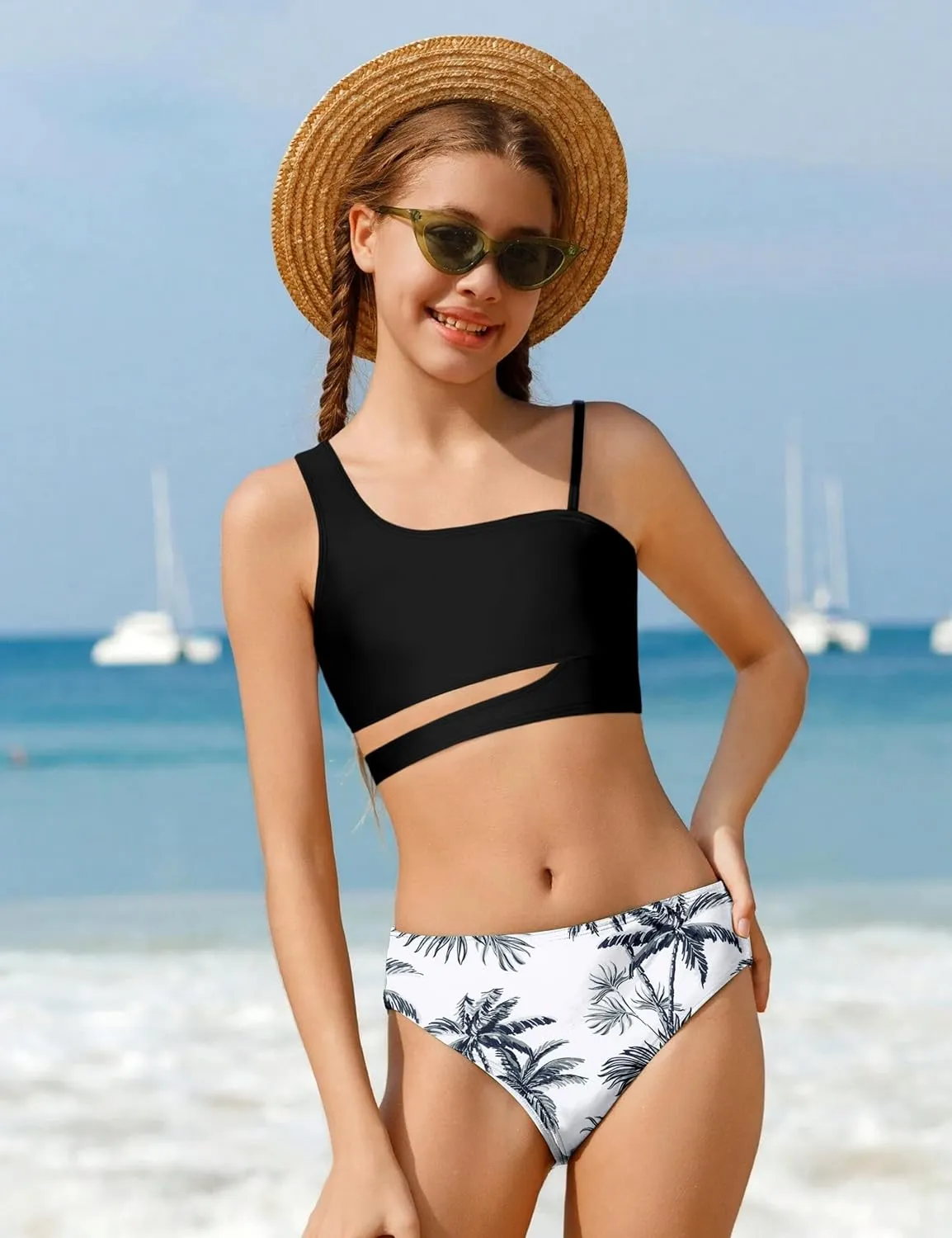 Queenstyle Girls Swimsuits Bikini Set Kids Cutout Bathing Suit Bikini Top Two Piece Girls' Swimwear