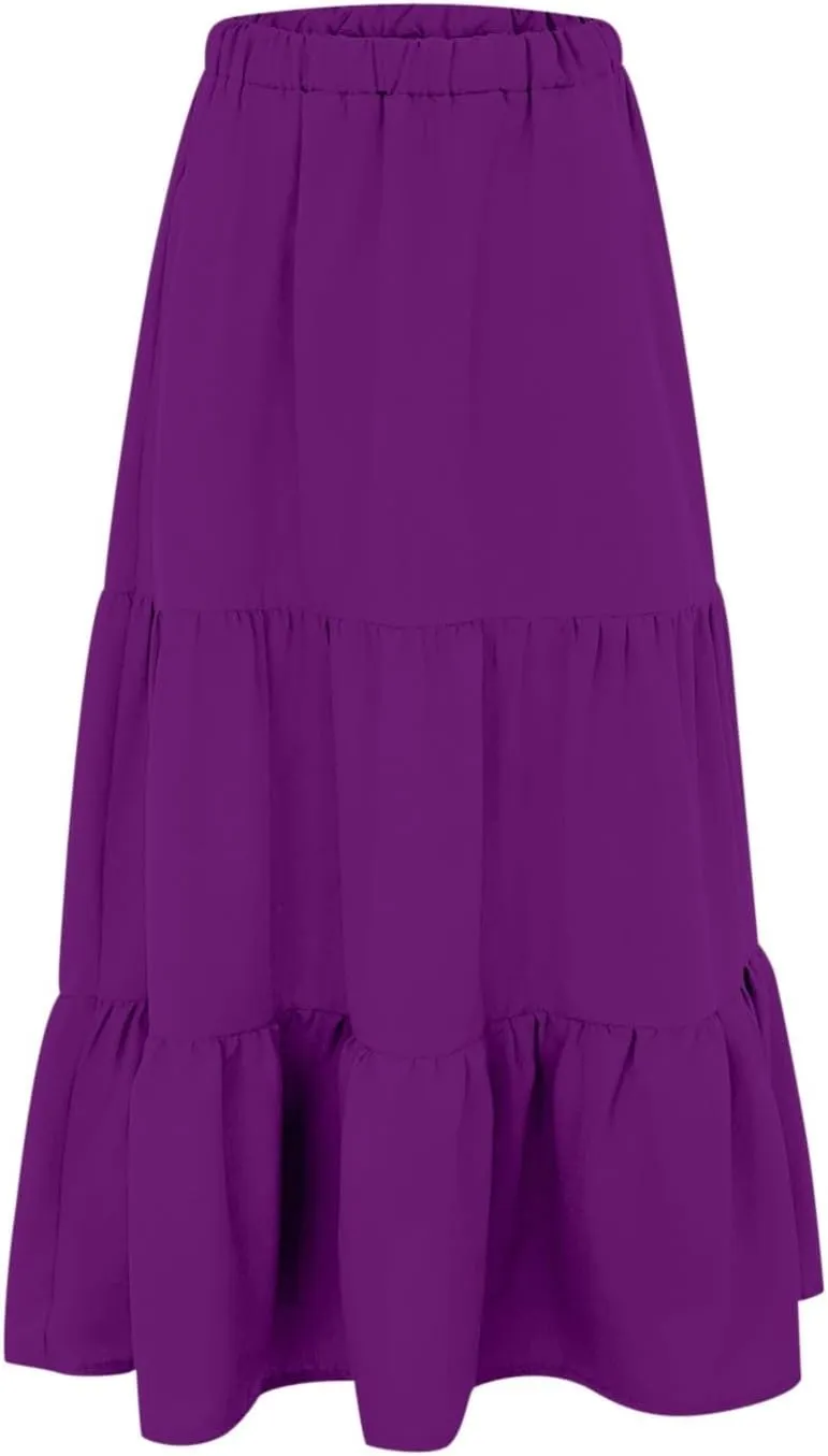 Ruffle Midi Skirts for Women with Pockets Elastic High Waisted Solid Color Swing A Line Beach Skirt