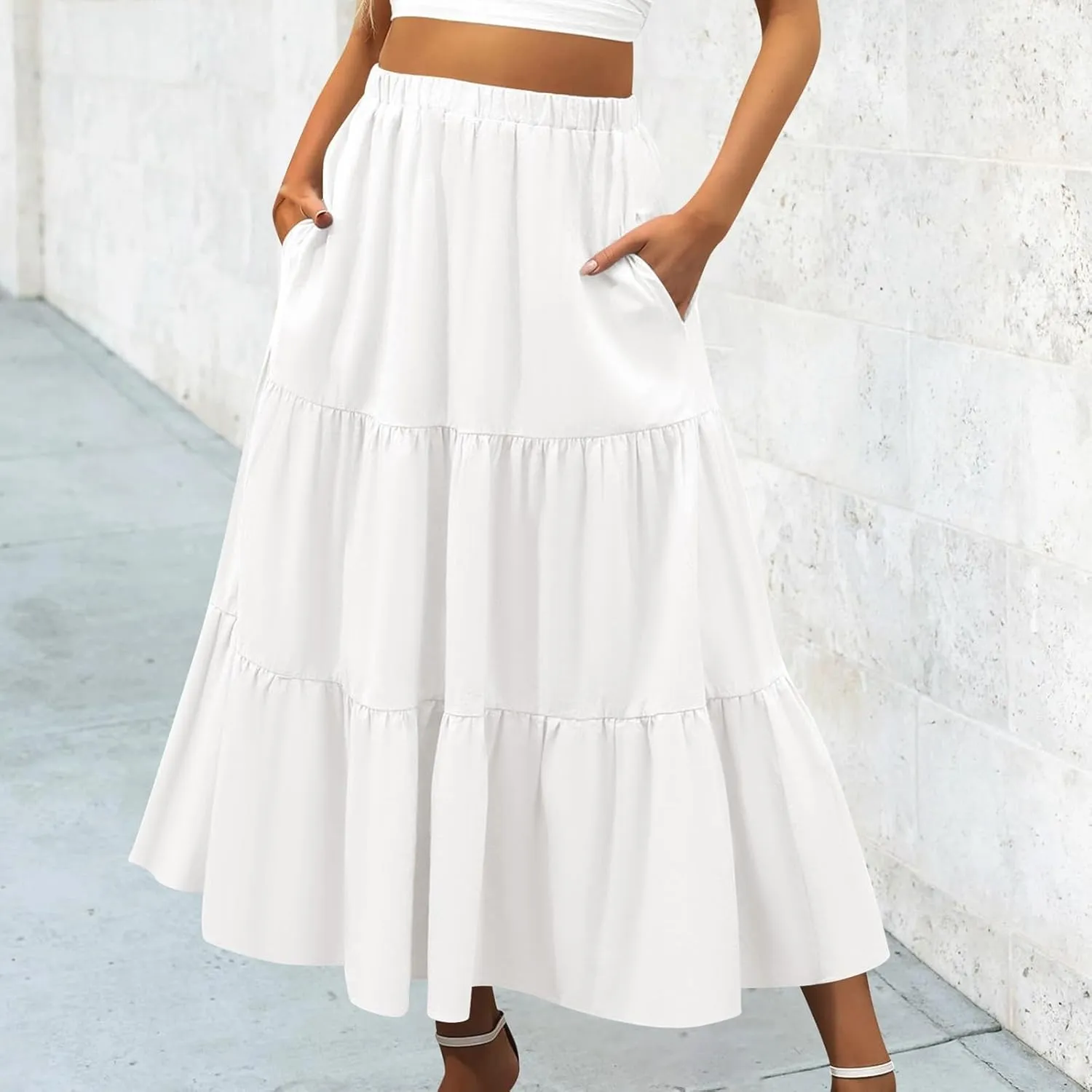Ruffle Midi Skirts for Women with Pockets Elastic High Waisted Solid Color Swing A Line Beach Skirt