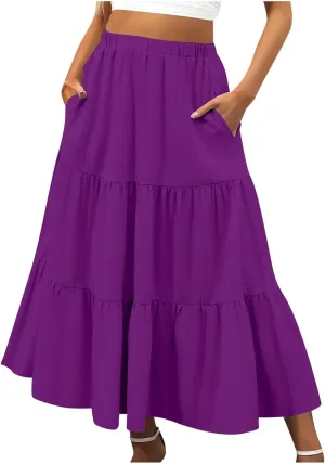 Ruffle Midi Skirts for Women with Pockets Elastic High Waisted Solid Color Swing A Line Beach Skirt