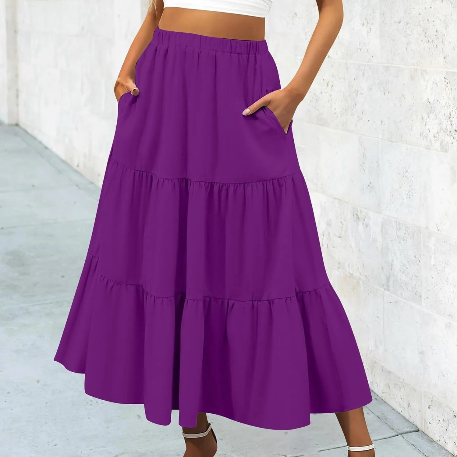 Ruffle Midi Skirts for Women with Pockets Elastic High Waisted Solid Color Swing A Line Beach Skirt