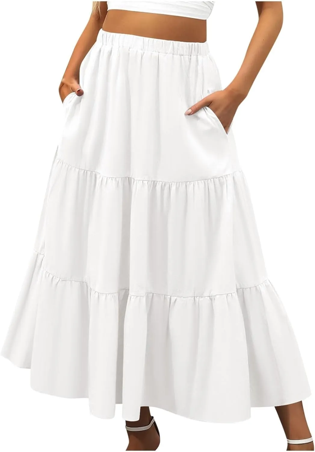 Ruffle Midi Skirts for Women with Pockets Elastic High Waisted Solid Color Swing A Line Beach Skirt