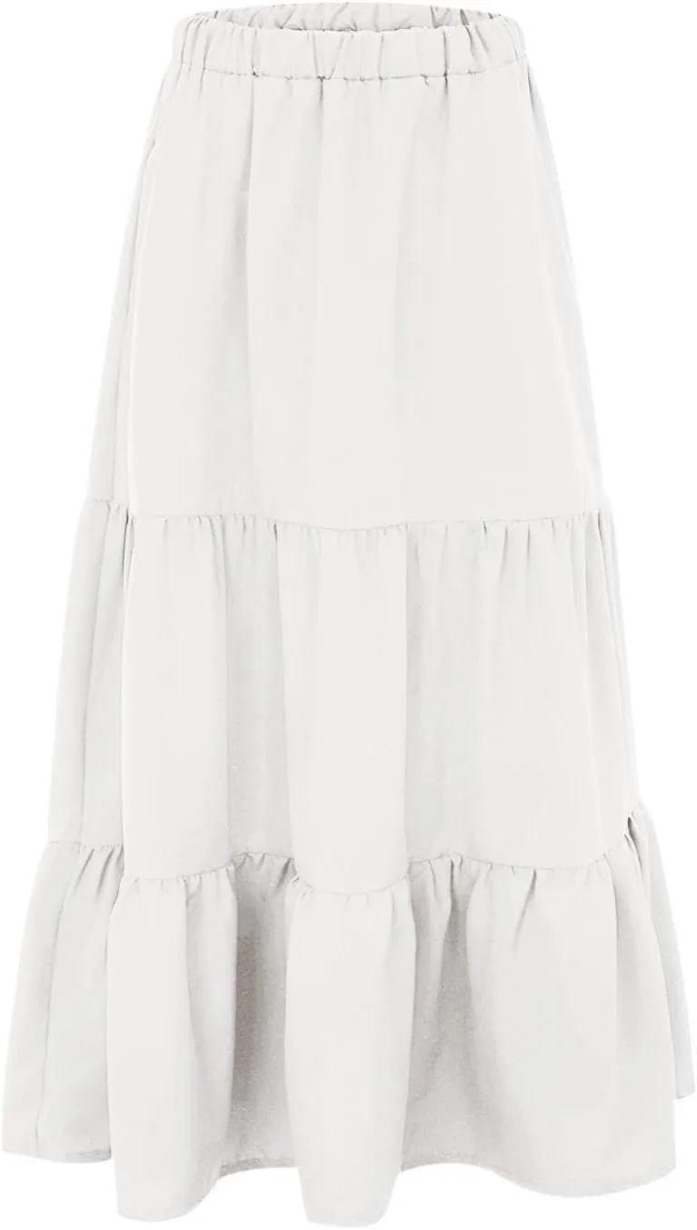 Ruffle Midi Skirts for Women with Pockets Elastic High Waisted Solid Color Swing A Line Beach Skirt