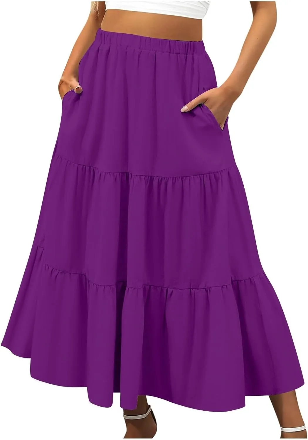 Ruffle Midi Skirts for Women with Pockets Elastic High Waisted Solid Color Swing A Line Beach Skirt
