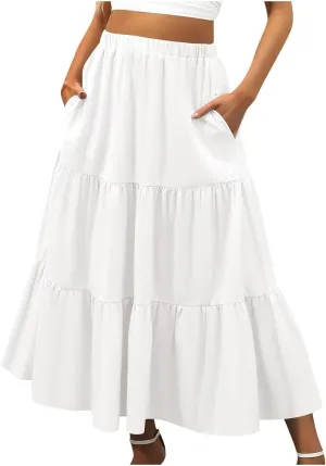 Ruffle Midi Skirts for Women with Pockets Elastic High Waisted Solid Color Swing A Line Beach Skirt