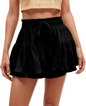 Ruffled Ruched Skorts for Women High Waisted Tiered Mini Skort 2025 Summer Boho Casual Beach Comfy Shorts Skirt