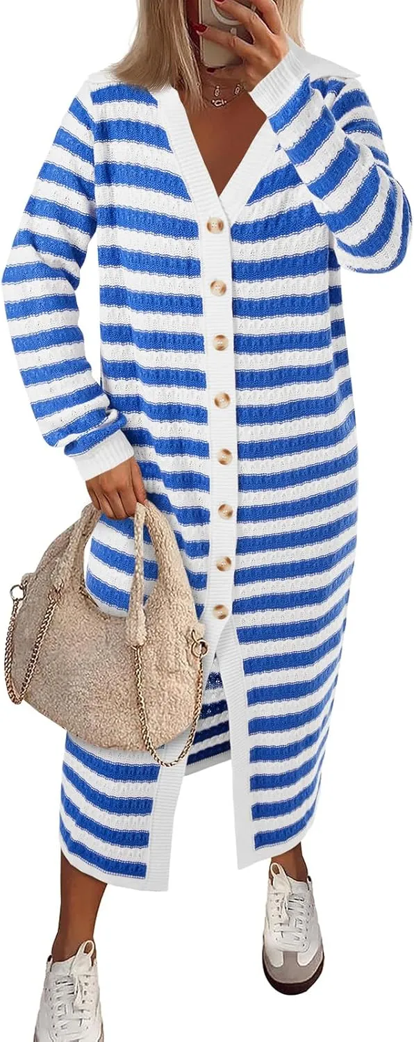 Saodimallsu Womens Striped Midi Sweater Dress V Neck Collared Long Sleeve Button Down Loose Knit Duster Cardigan