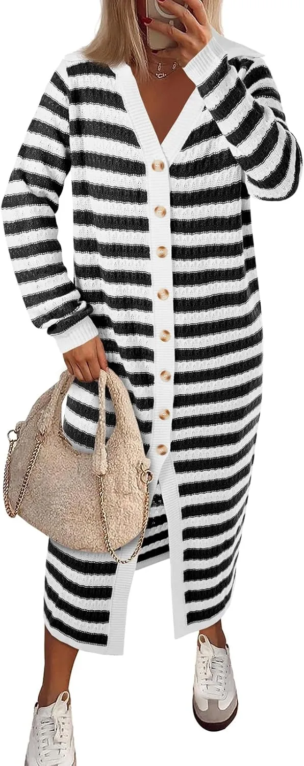 Saodimallsu Womens Striped Midi Sweater Dress V Neck Collared Long Sleeve Button Down Loose Knit Duster Cardigan