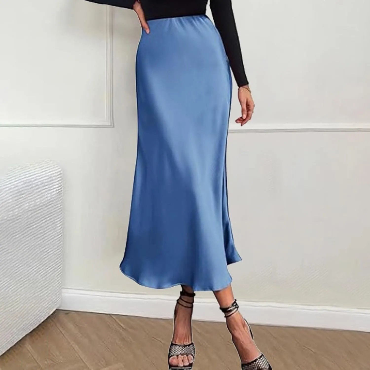 Satin Maxi Skirts for Women Elegant Elastic Waisted Flowy A-Line Swing Ruffle Long Skirt 2025 Summer Clothes