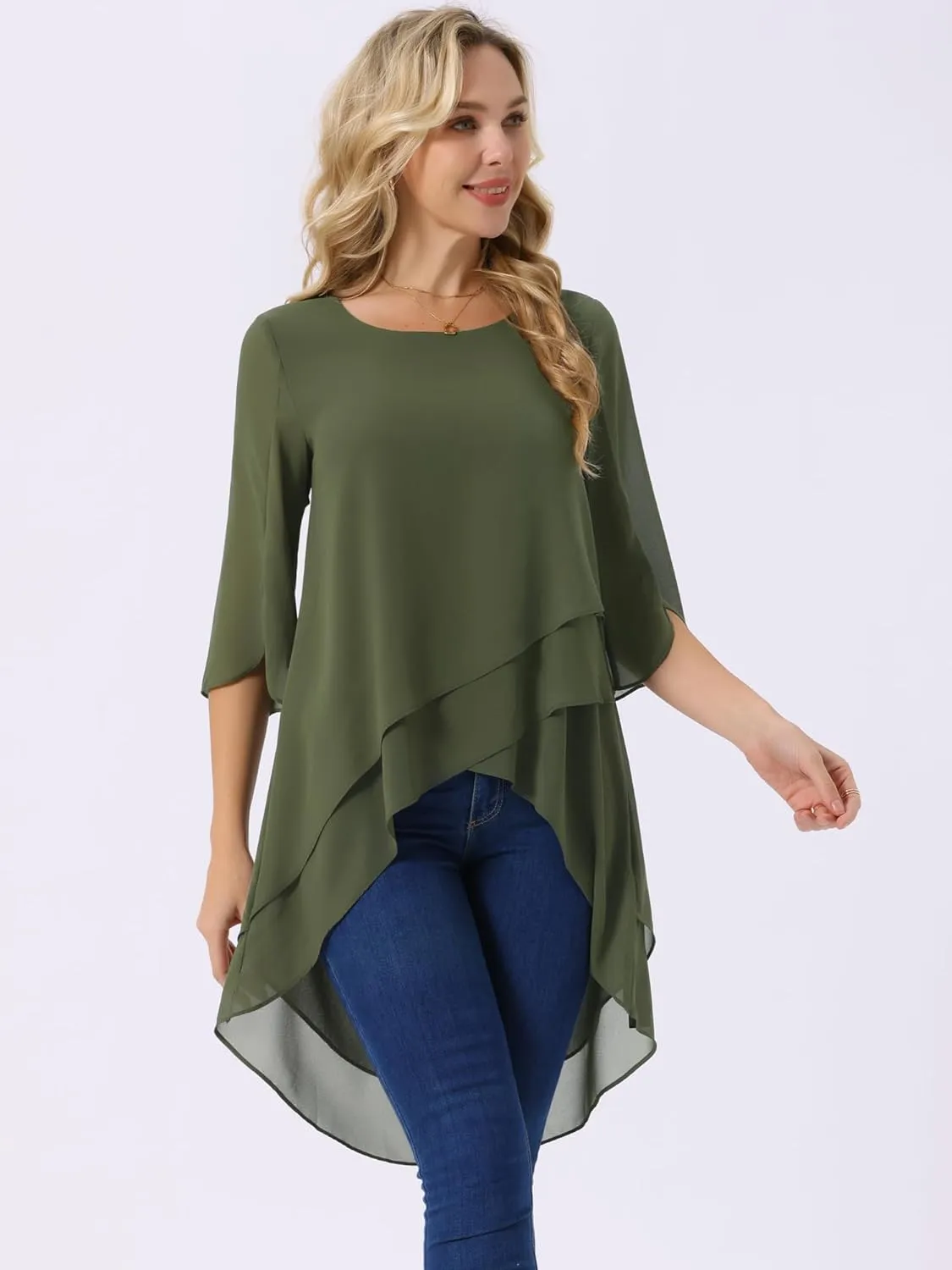 Seta T Women's High Low Tops Scoop Neck Chiffon Blouse Asymmetrical Loose Shirt 3/4 Sleeve Casual Summer Tops