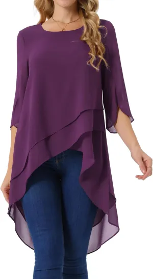 Seta T Women's High Low Tops Scoop Neck Chiffon Blouse Asymmetrical Loose Shirt 3/4 Sleeve Casual Summer Tops