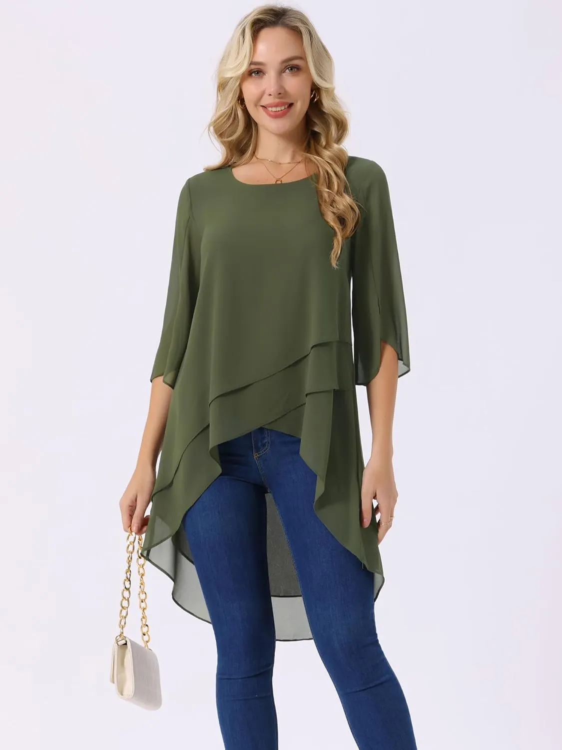 Seta T Women's High Low Tops Scoop Neck Chiffon Blouse Asymmetrical Loose Shirt 3/4 Sleeve Casual Summer Tops