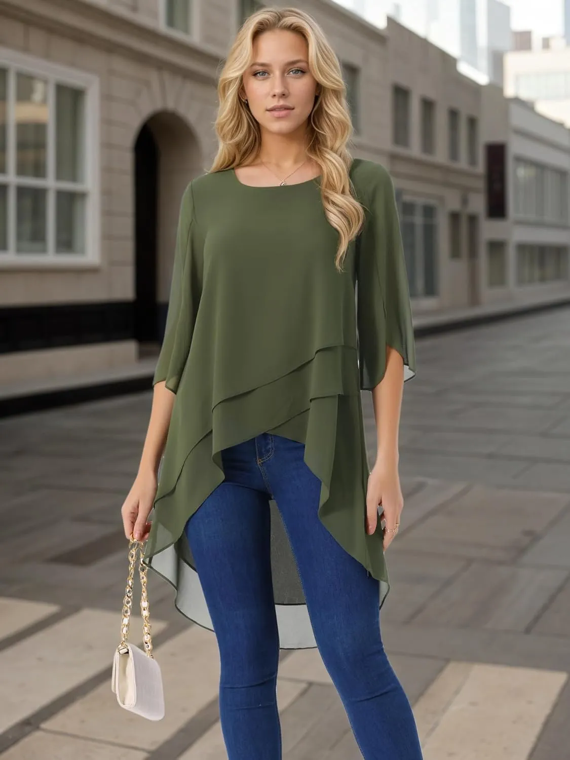 Seta T Women's High Low Tops Scoop Neck Chiffon Blouse Asymmetrical Loose Shirt 3/4 Sleeve Casual Summer Tops