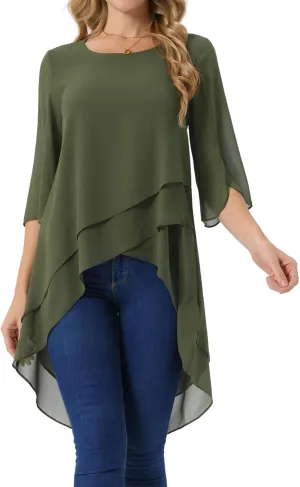 Seta T Women's High Low Tops Scoop Neck Chiffon Blouse Asymmetrical Loose Shirt 3/4 Sleeve Casual Summer Tops