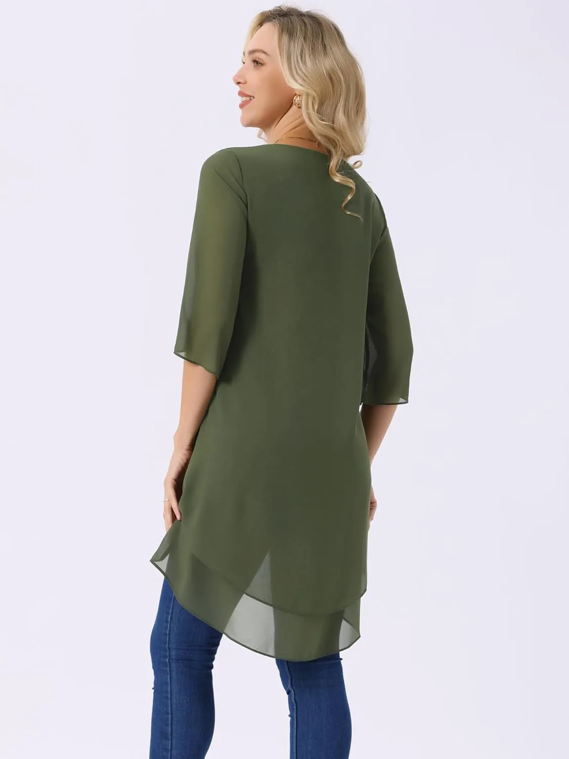 Seta T Women's High Low Tops Scoop Neck Chiffon Blouse Asymmetrical Loose Shirt 3/4 Sleeve Casual Summer Tops