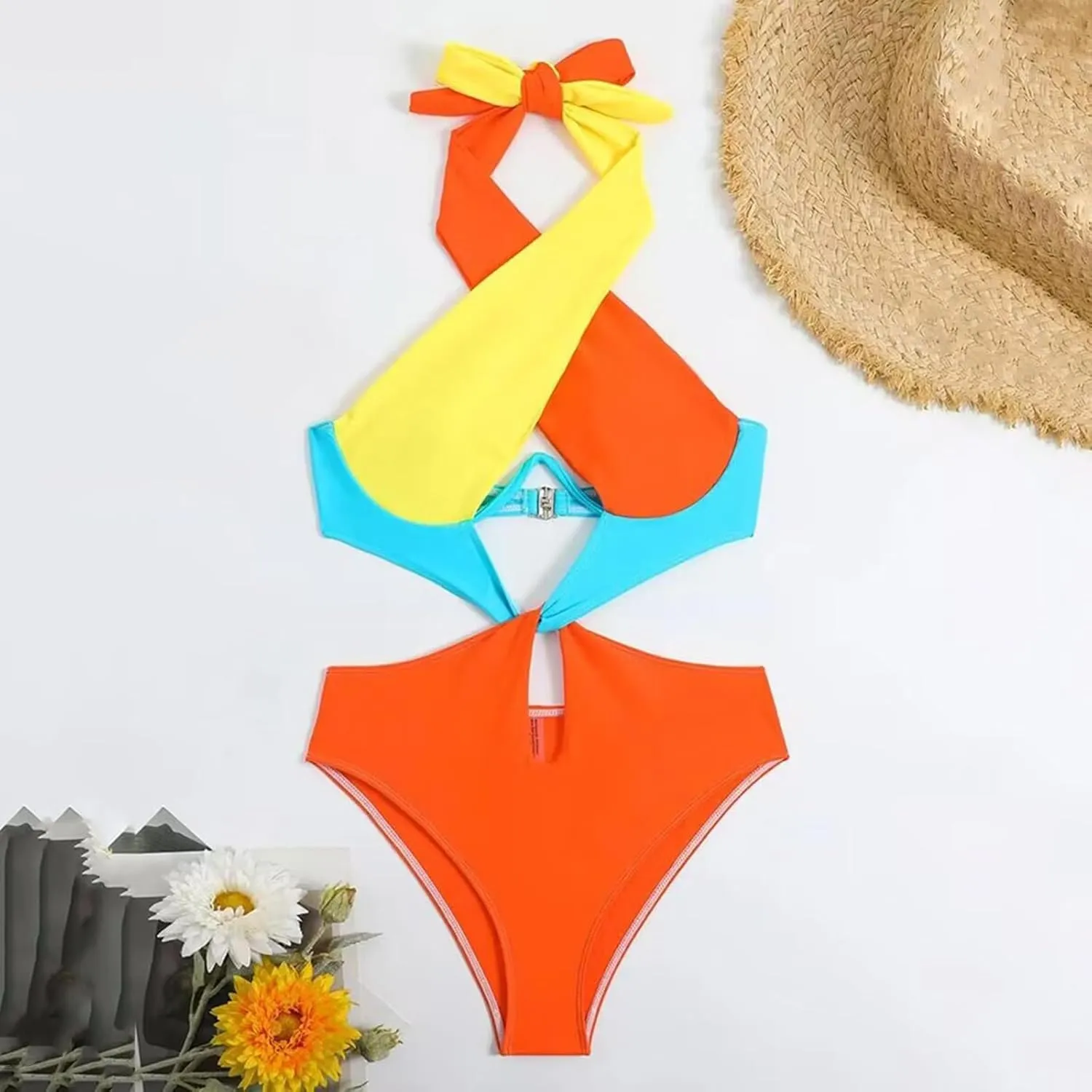 Sexy One Piece Swimsuit for Women Color Block Cutout Halter Bathing Suits Backless Sexy High Cut Swimwear