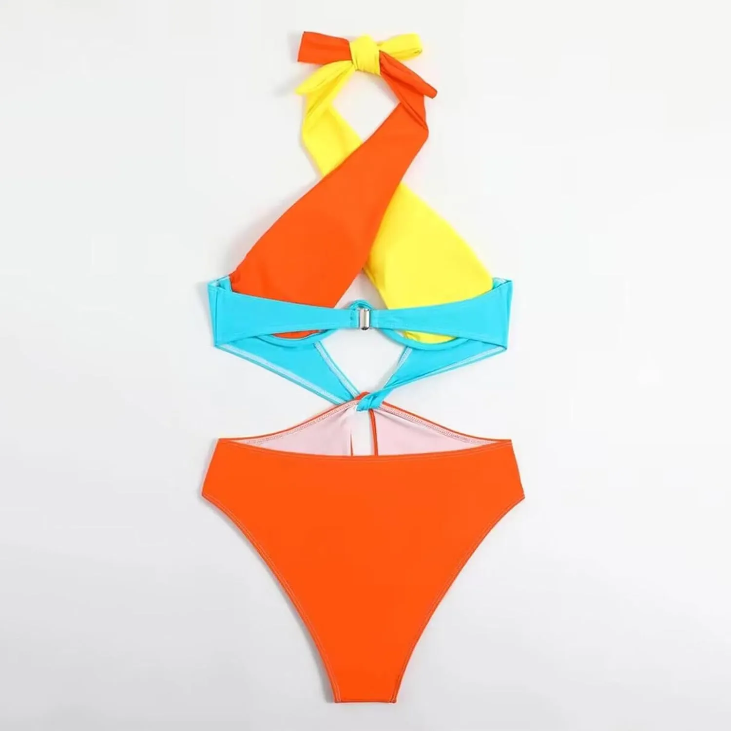 Sexy One Piece Swimsuit for Women Color Block Cutout Halter Bathing Suits Backless Sexy High Cut Swimwear