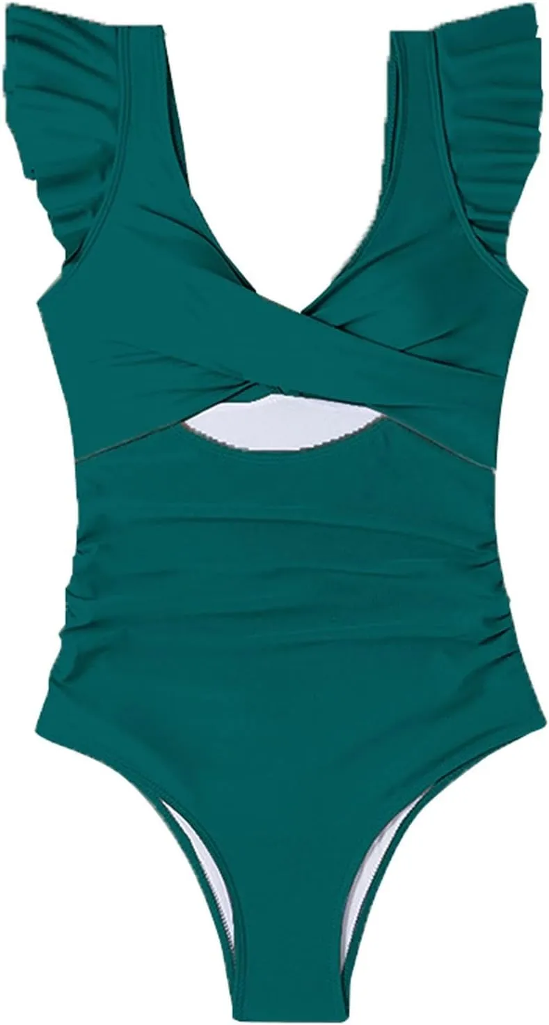 SHAOBGE Women's Ruffled One Piece Swimsuits V Neck Tummy Control Cutout High Waisted Bathing Suit