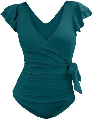 SHAOBGE Women's Ruffled One Piece Swimsuits V Neck Tummy Control Cutout High Waisted Bathing Suit