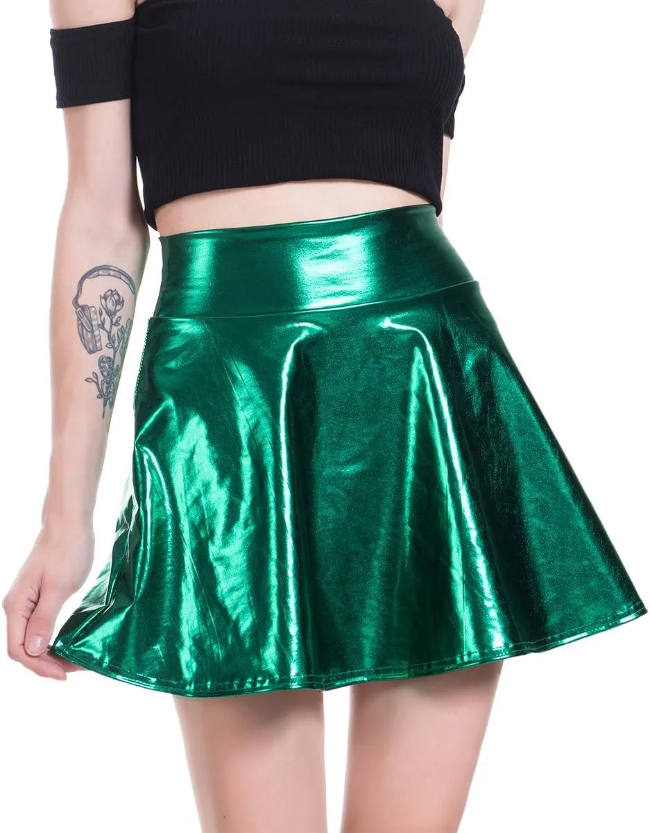 Shiny Metallic Skirts for Women Wet Look Pleated Flared Mini Skater Skirt Rave Outfits for Women Festival Holographic Skirt