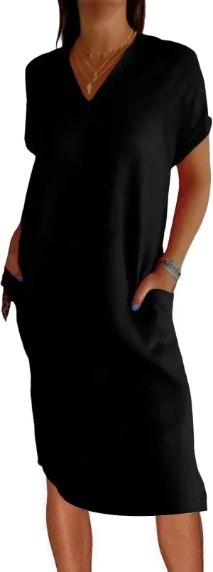 Short Sleeve V-Neck Long Dress Casual Summer Dresses for Women 2025 Linen Casual Loose T Shirts Maxi Dresses Pockets