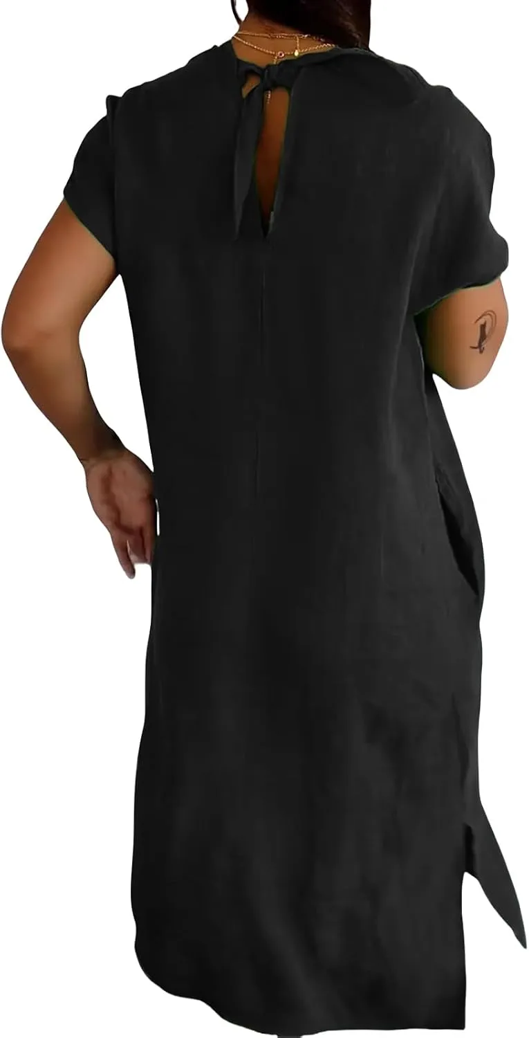 Short Sleeve V-Neck Long Dress Casual Summer Dresses for Women 2025 Linen Casual Loose T Shirts Maxi Dresses Pockets