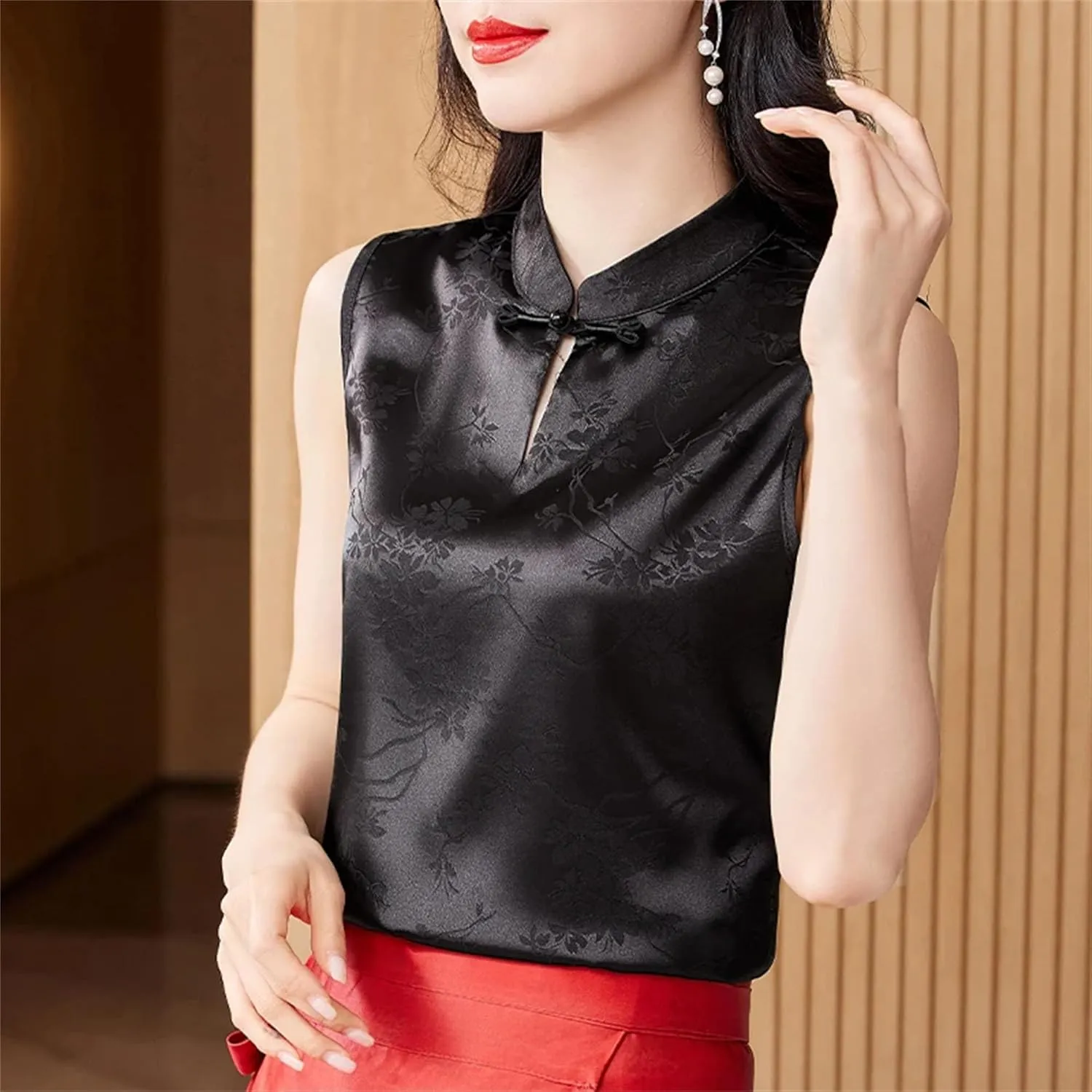 Silk Satin Jacquard Vest for Women Sleeveless Mandarin Collar Elegant Wedding Guest Outfit for Evening Party