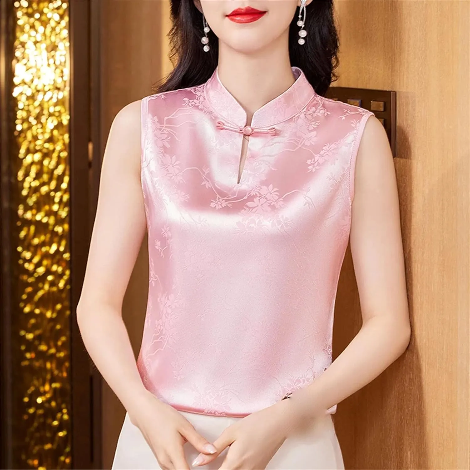Silk Satin Jacquard Vest for Women Sleeveless Mandarin Collar Elegant Wedding Guest Outfit for Evening Party