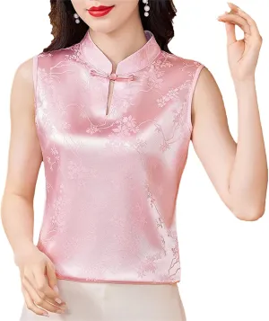 Silk Satin Jacquard Vest for Women Sleeveless Mandarin Collar Elegant Wedding Guest Outfit for Evening Party