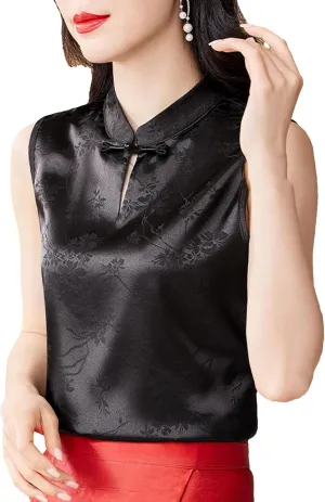 Silk Satin Jacquard Vest for Women Sleeveless Mandarin Collar Elegant Wedding Guest Outfit for Evening Party