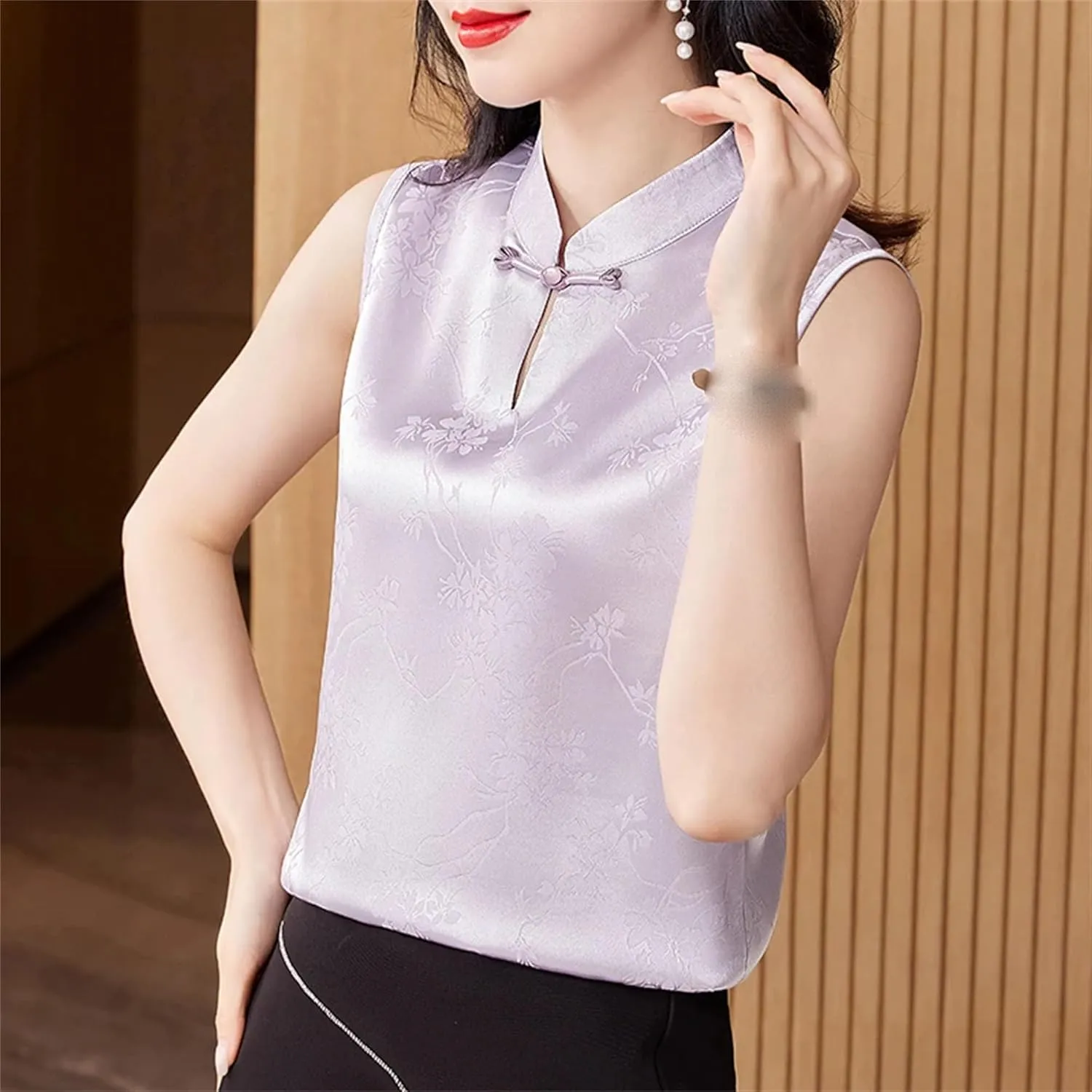 Silk Satin Jacquard Vest for Women Sleeveless Mandarin Collar Elegant Wedding Guest Outfit for Evening Party