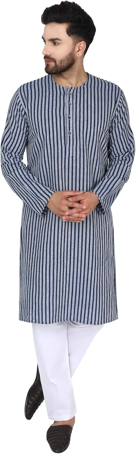 SKAVIJ Men's Handloom Cotton Solid Round Neck Henley Long Sleeves Knee Length Casual Shirt