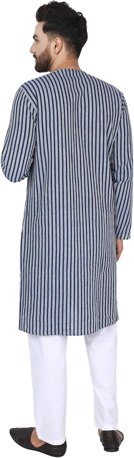 SKAVIJ Men's Handloom Cotton Solid Round Neck Henley Long Sleeves Knee Length Casual Shirt
