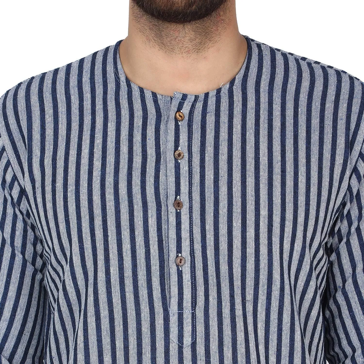 SKAVIJ Men's Handloom Cotton Solid Round Neck Henley Long Sleeves Knee Length Casual Shirt