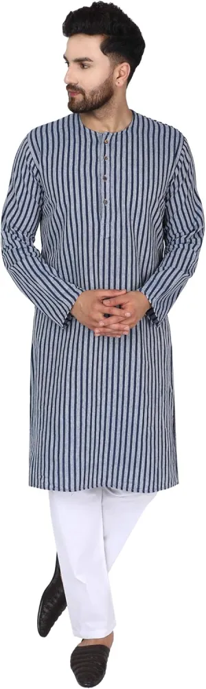 SKAVIJ Men's Handloom Cotton Solid Round Neck Henley Long Sleeves Knee Length Casual Shirt