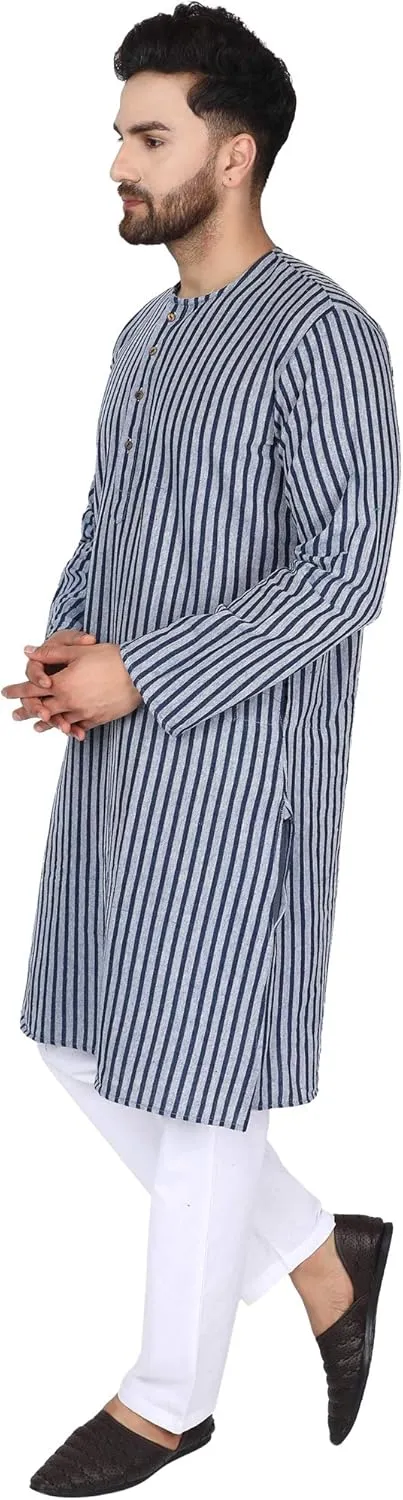 SKAVIJ Men's Handloom Cotton Solid Round Neck Henley Long Sleeves Knee Length Casual Shirt